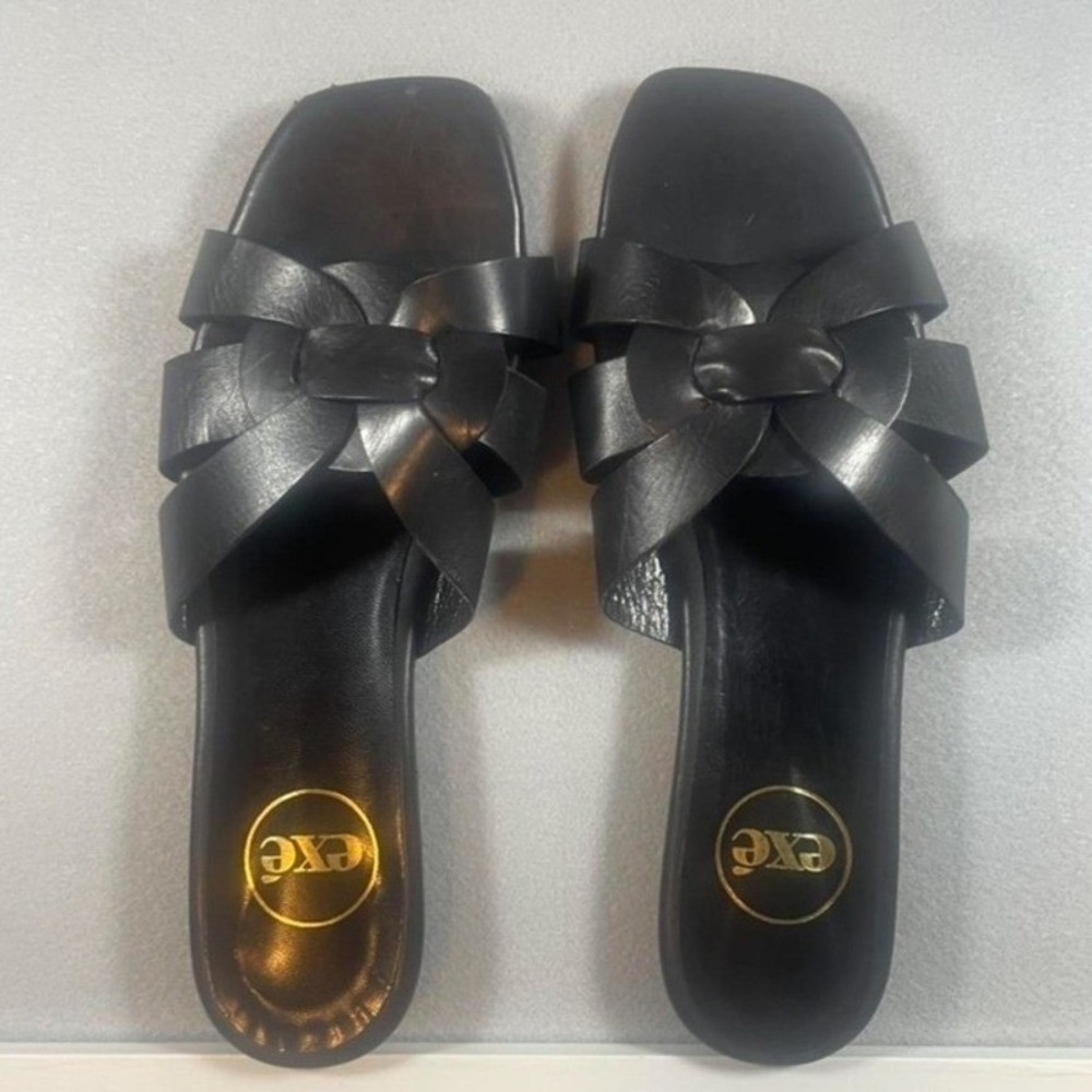 Exé Women Black Leather Woven Strap Square Toe Slide Sandals